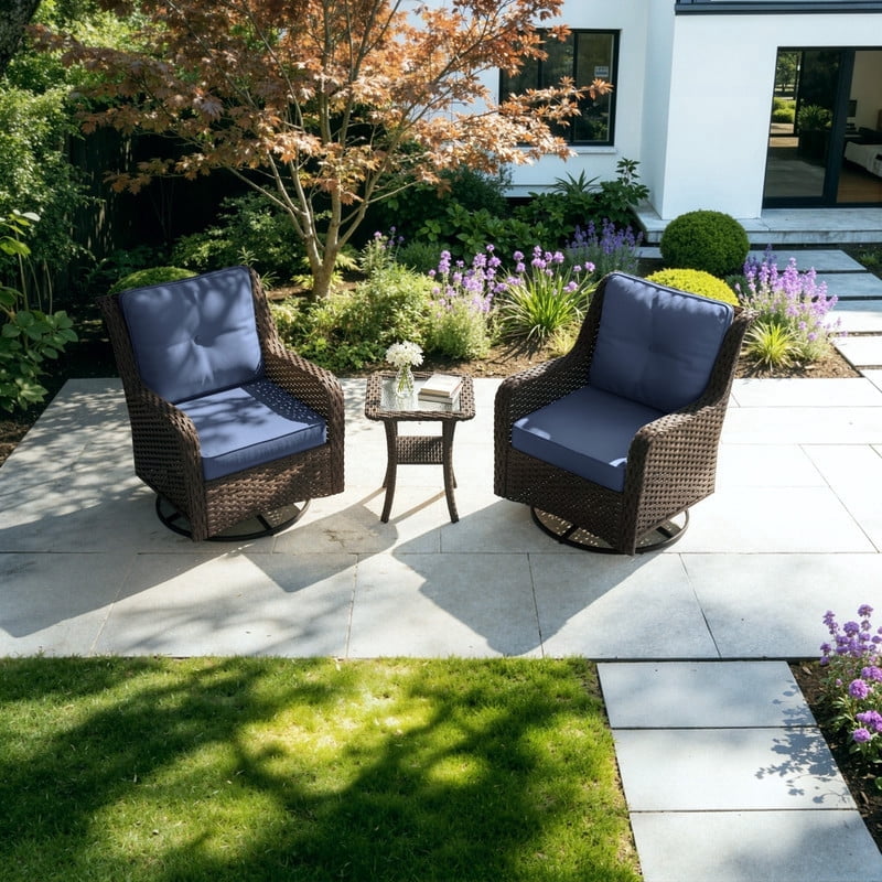 Gotland 3-Piece Outdoor Patio Furniture Set, Thickened Wicker Swivel Chairs & Side Table, All-Weather Outdoor Conversation Set for Backyard, Porch, Balcony and Deck, Navy Blue