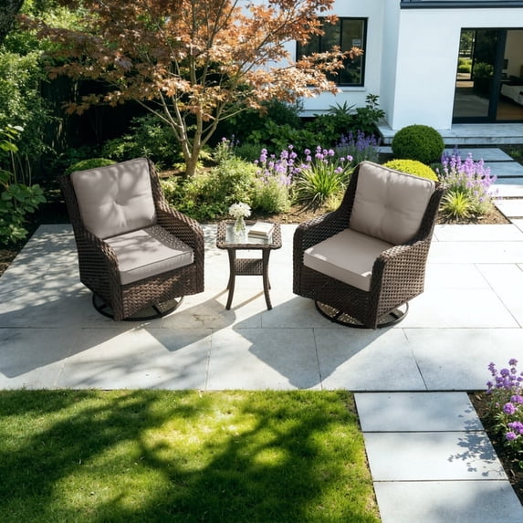 Gotland 3-Piece Outdoor Patio Furniture Set, Thickened Wicker Swivel Chairs & Side Table, All-Weather Outdoor Conversation Set for Backyard, Porch, Balcony and Deck, Sand
