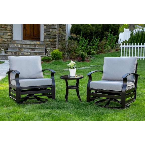 Kullavik 3 Piece Patio Outdoor Aluminum Metal Swivel Rocking Chair with Coffee Table and 5.1 Inch Cushion Outdoor Metal Swivel Rocking Chair Furniture Conversation Set for Porch Garden - Grey