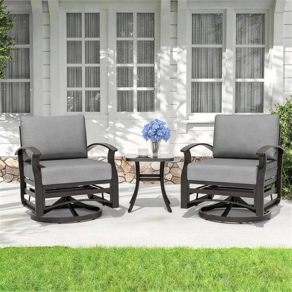 Gotland 3PCS Outdoor Aluminum Swivel Rocking Chairs, 2-Person Patio Furniture Conversation Set with Coffee Table and Cushions, Gray