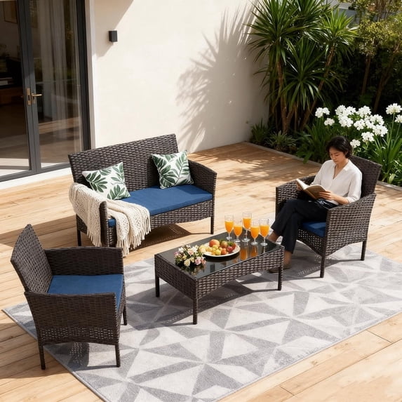 Gotland 4-Piece Outdoor Patio Furniture Set, Wicker Rattan Chairs & Sofa with Cushions and Glass Coffee Table, Conversation Set for Backyard, Lawn, Porch, Pool, Garden,Navy Blue