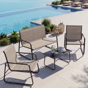 Gotland 4 Pieces Outdoor Furniture Set All Weather Textile Fabric Patio Conversation Set w/Coffee Table, Loveseat, 2 Single Chairs for Patio, Yard, Garden, Lawn(Brown)