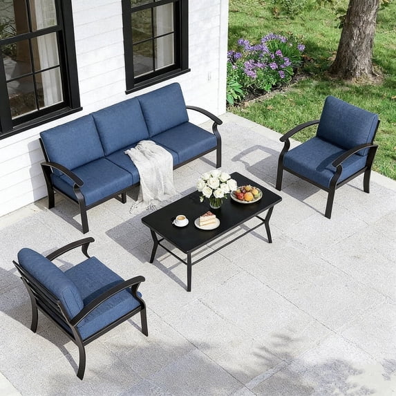 Gotland 5 Piece Aluminum Patio Furniture Set,Modern Metal Outdoor Patio Furniture w/5.1'' Thick Cushion and Rectangular Coffee Table,Patio Conversation Sets for Porch,Deck,Navy Blue