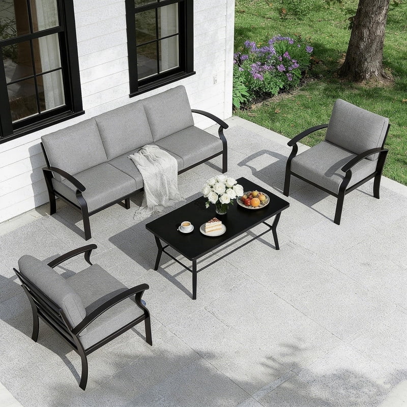 Gotland 5 Piece Aluminum Patio Furniture Set,Modern Metal Outdoor Patio Furniture w/5.1'' Thick Cushion and Rectangular Coffee Table,Patio Conversation Sets for Porch,Deck,Gray