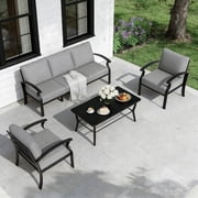 Gotland 5 Piece Aluminum Patio Furniture Set,Modern Metal Outdoor Patio Furniture w/5.1'' Thick Cushion and Rectangular Coffee Table,Patio Conversation Sets for