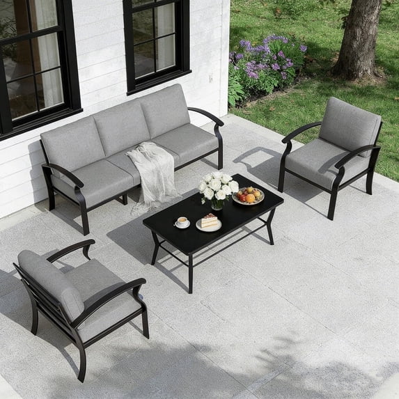 Gotland 5 Piece Aluminum Patio Furniture Set,Modern Metal Outdoor Patio Furniture w/5.1'' Thick Cushion and Rectangular Coffee Table,Patio Conversation Sets for Porch,Deck,Gray