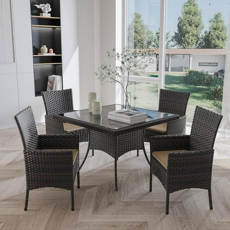 Gotland 5-Piece Indoor/Outdoor Dining Table Set, Garden Patio Rattan Set with w/Tempered Glass Tabletop with Removable Cushions and Umbrella Cutout for Patio, Backyard,4 Chairs - Sand