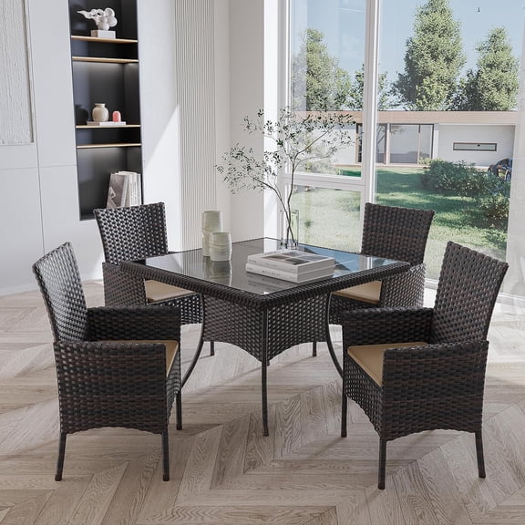 Gotland 5-Piece Indoor/Outdoor Dining Table Set, Garden Patio Rattan Set with w/Tempered Glass Tabletop with Removable Cushions and Umbrella Cutout for Patio, Backyard,4 Chairs - Sand