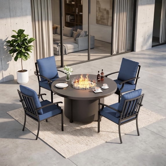 Gotland 5-Piece Outdoor Patio Dining Set, 48 Inch Round Propane Fire Pit Table with 4 Fixed Rocking Chairs, All Weather Patio Conversation Furniture for Backyard Deck Garden, Navy Blue