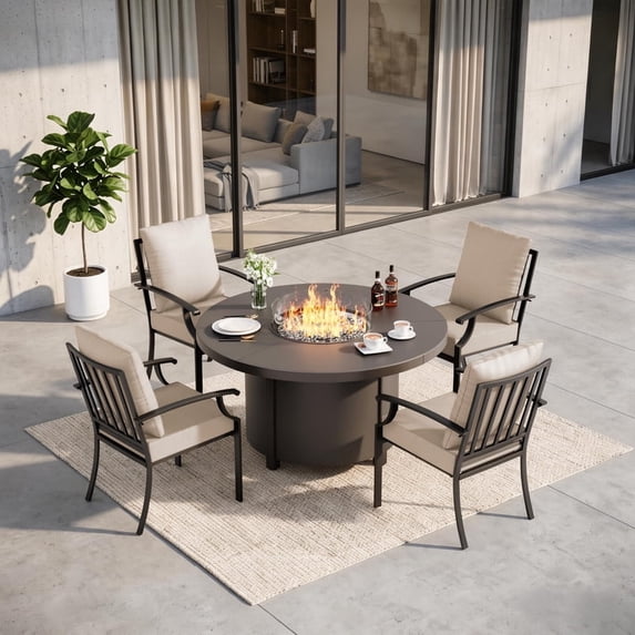 Gotland 5-Piece Outdoor Patio Dining Set, 48 Inch Round Propane Fire Pit Table with 4 Fixed Rocking Chairs, All Weather Patio Conversation Furniture for Backyard Deck Garden, Sand