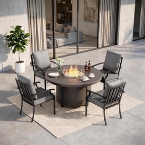 Gotland 5-Piece Outdoor Patio Dining Set, 48 Inch Round Propane Fire Pit Table with 4 Fixed Rocking Chairs, All Weather Patio Conversation Furniture for Backyard Deck Garden, Gray