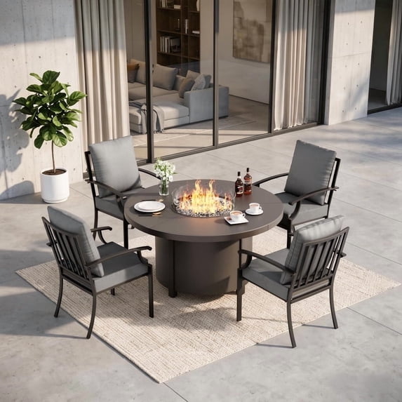 Gotland 5-Piece Outdoor Patio Dining Set, 48 Inch Round Propane Fire Pit Table with 4 Fixed Rocking Chairs, All Weather Patio Conversation Furniture for Backyard Deck Garden, Gray