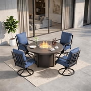 Gotland 5-Piece Outdoor Patio Dining Set, 48 Inch Round Propane Fire Pit Table with 4 Swivel Rocking Chairs, All Weather Patio Conversation Furniture for Backyard Deck Garden, Navy Blue
