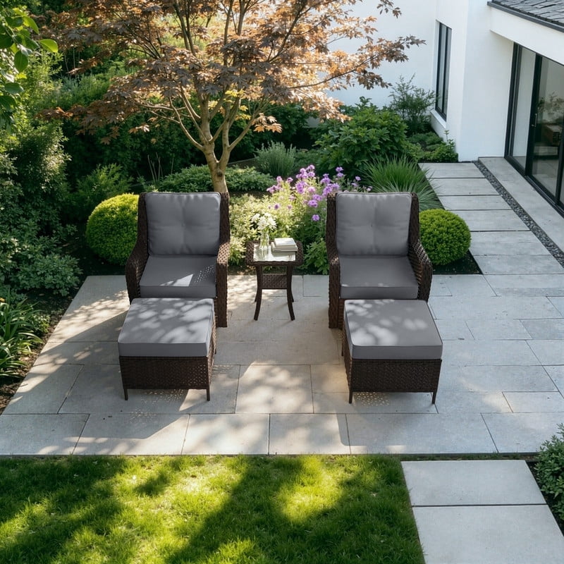 Gotland 5-Piece Outdoor Patio Furniture Set, 2 Wicker Swivel Chairs, 1 Side Table & 2 Ottomans, All-Weather Conversation Set for Backyard, Porch, Deck, Gray