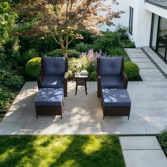 Gotland 5-Piece Outdoor Patio Furniture Set, 2 Wicker Swivel Chairs, 1 Side Table & 2 Ottomans, All-Weather Conversation Set for Backyard, Porch, Deck, Navy Blue