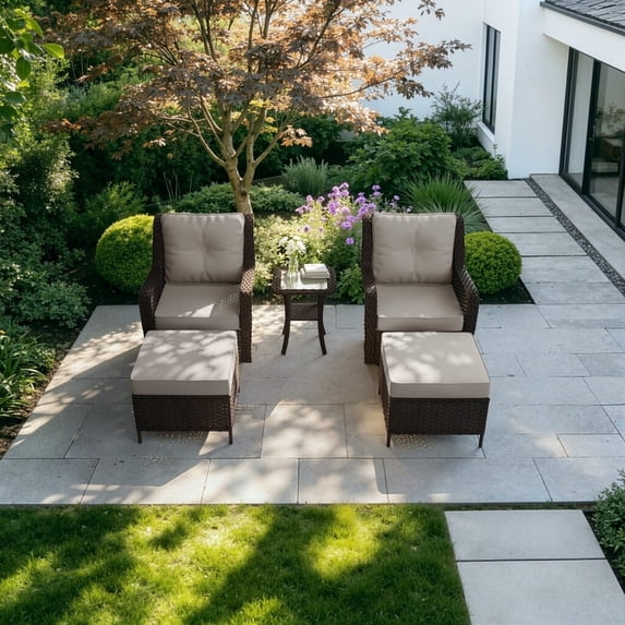 Gotland 5-Piece Outdoor Patio Furniture Set, 2 Wicker Swivel Chairs, 1 Side Table & 2 Ottomans, All-Weather Conversation Set for Backyard, Porch, Deck, Sand
