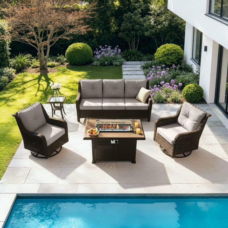 Gotland 5-Piece Outdoor Wicker Patio Furniture Set, 1 Three-Seat Sofa, 2 Swivel Chairs, Coffee Table & Wicker Fire Pit Table, Outdoor Conversation Set for Yard, Porch, Deck, Sand