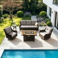 thumbnail image 1 of Gotland 5-Piece Outdoor Wicker Patio Furniture Set, 1 Three-Seat Sofa, 2 Swivel Chairs, Coffee Table & Wicker Fire Pit Table, Outdoor Conversation Set for Yard, Porch, Deck, Sand, 1 of 6