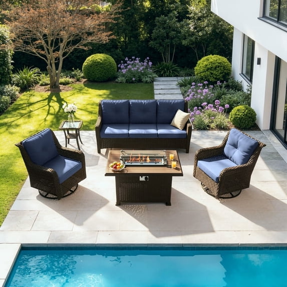 Gotland 5-Piece Outdoor Wicker Patio Furniture Set, 1 Three-Seat Sofa, 2 Swivel Chairs, Coffee Table & Wicker Fire Pit Table, Outdoor Conversation Set for Yard, Porch, Deck, Navy Blue