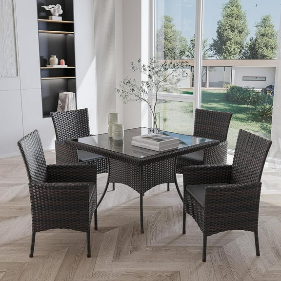 Gotland 5-Piece Steel Wicker Outdoor Patio Dining Set with w/Tempered Glass Tabletop, Gray