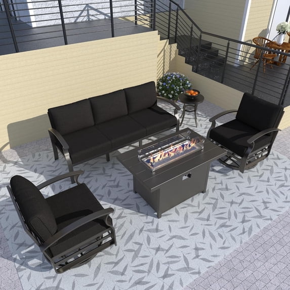 Gotland 5 Seats Outdoor Metal Patio Furniture Set with 2 Swivel Rocking Chairs&55,000 BTU Gas Fire Pit Table w/Glass Wind Guard Patio Conversation Sectional Sofa Sets-Black