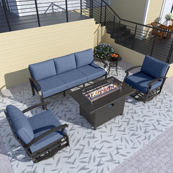 Gotland 5 Seats Outdoor Metal Patio Furniture Set with 2 Swivel Rocking Chairs&55,000 BTU Gas Fire Pit Table w/Glass Wind Guard Patio Conversation Sectional Sofa Sets-Navy