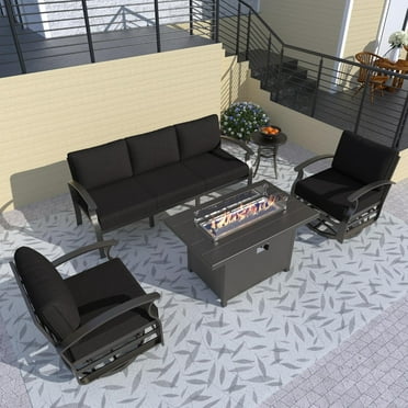 Gotland 5 Seats Outdoor Metal Patio Furniture Set with 2 Swivel Rocking Chairs&55,000 BTU Gas Fire Pit Table w/Glass Wind Guard Patio Conversation Sectional Sofa Sets-Black