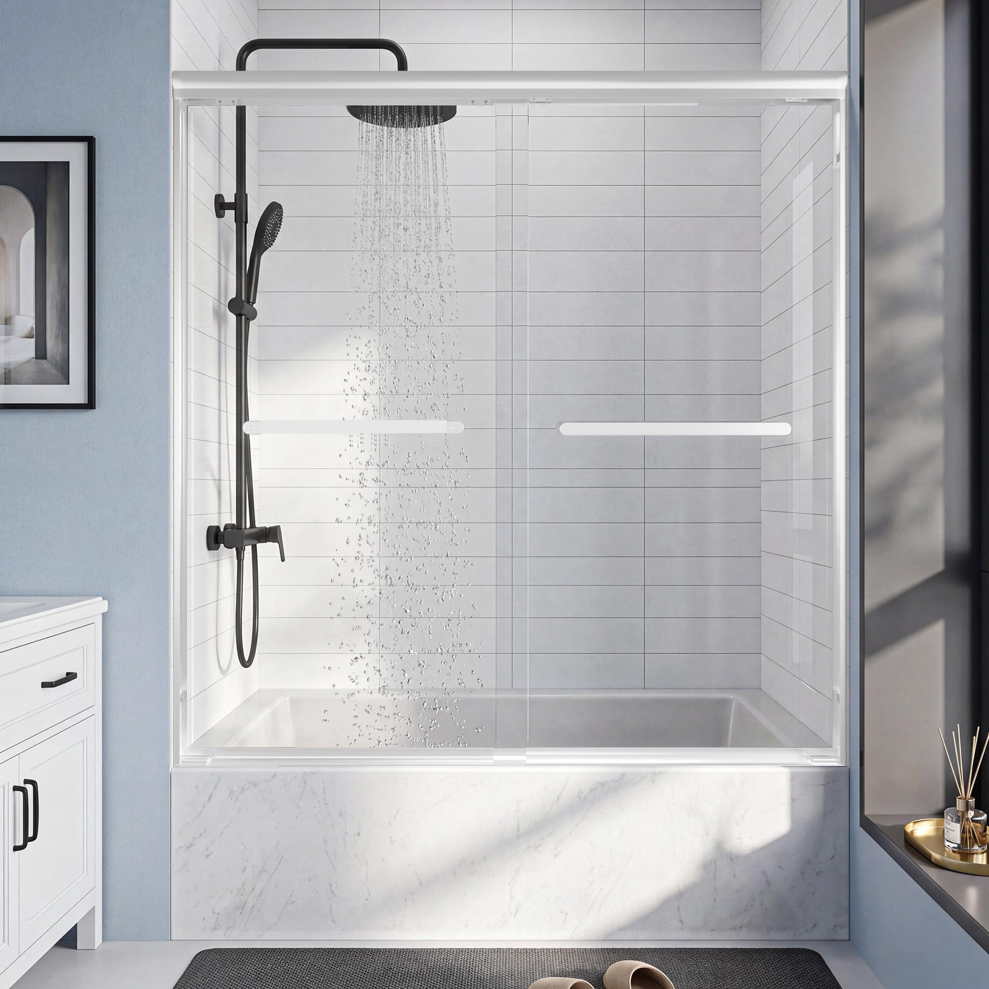 Gotland 56-60" W x 60" H Semi-Frameless Bypasss Bathroom Glass Shower Double Sliding Doors,1/4" (6mm) Clear SGCC Tempered Glass Stainless Steel Hardware Waterproof Seal Explosion-Proof Film