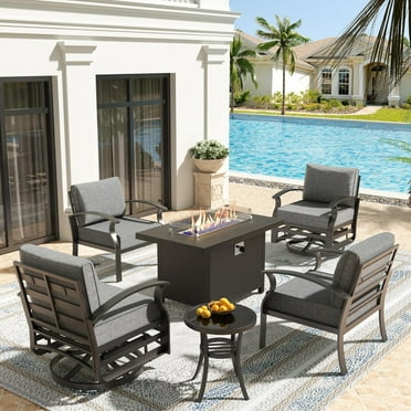 Gotland 6 Aluminum Patio Outdoor Conversation Sets with Chairs and Table, Black/Gray