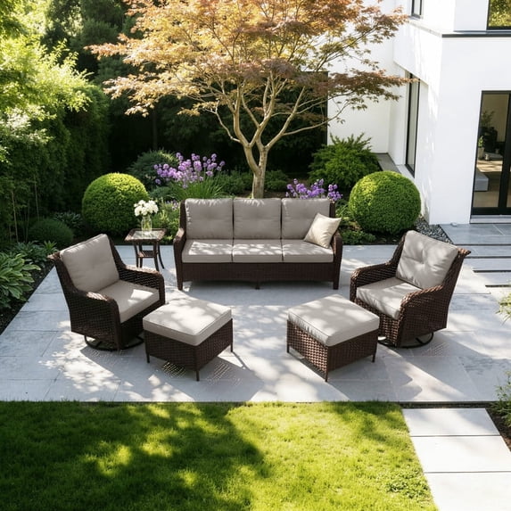Gotland 6-Piece Outdoor Wicker Patio Furniture Set, 3-Seat Sofa, 2 Swivel Chairs, Coffee Table & 2 Ottomans, Weather-Resistant Conversation Set for Backyard, Porch, Deck, Sand