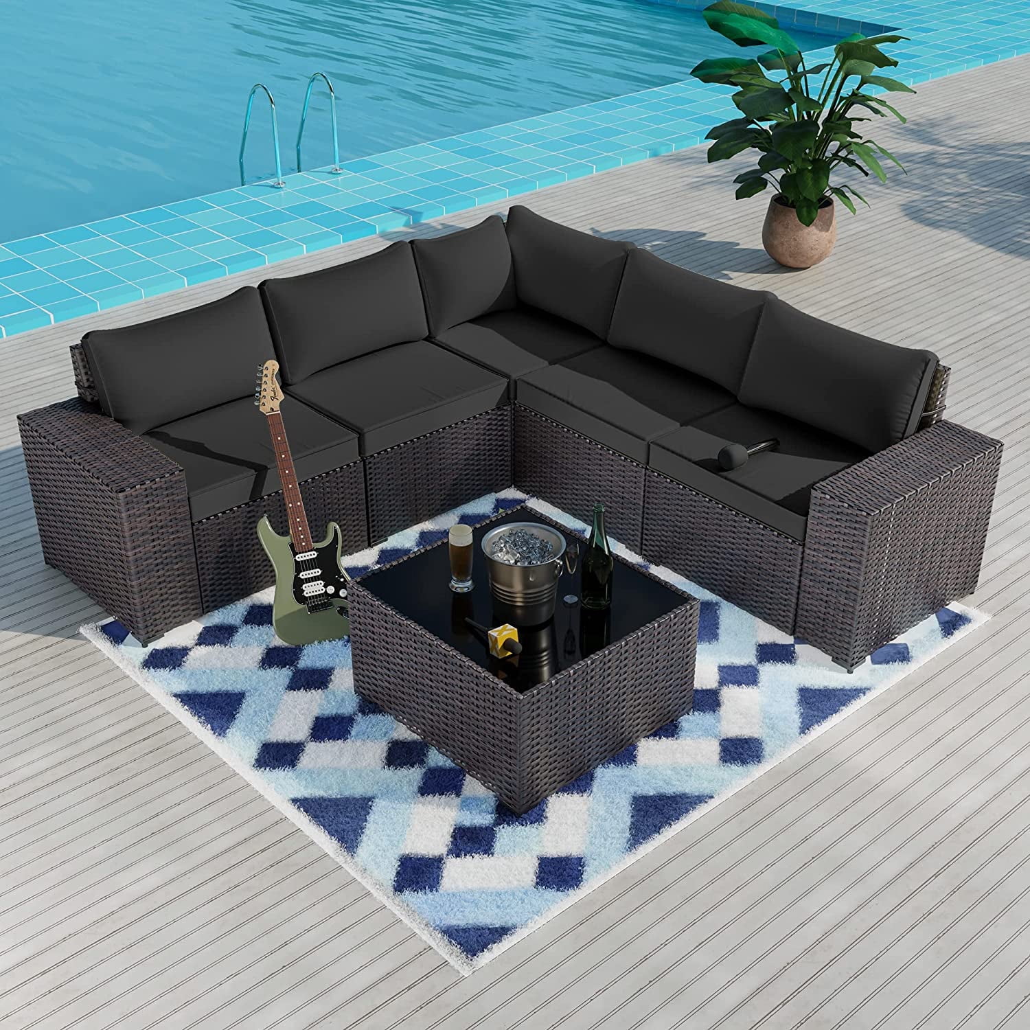 Gotland 6 Piece Patio Conversation Set, Outdoor Sectional Sofa Rattan Wicker Patio Furniture Set, Black