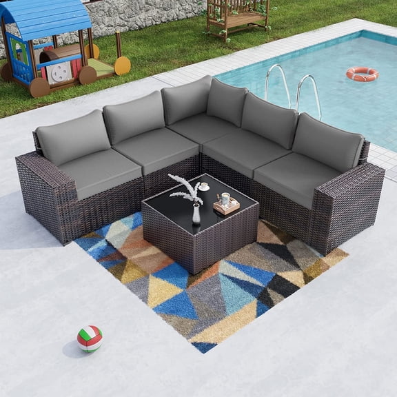 Gotland 6 Piece Sectional Rattan Wicker 5 Person Sofa Set Patio Conversation Set, Grey
