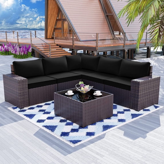 Gotland 6 Pieces Outdoor Patio Furniture Set Rattan Wicker Conversation Set,Wide Armrest (Black)