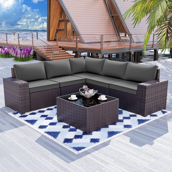Gotland 6 Pieces Outdoor Patio Furniture Set Rattan Wicker Conversation Set,Wide Armrest (Grey)