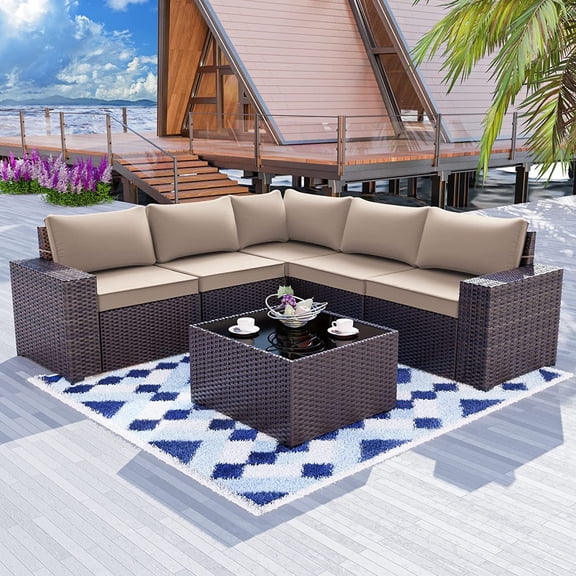 Gotland 6 Pieces Outdoor Patio Furniture Set Rattan Wicker Conversation Set,Wide Armrest (Sand)