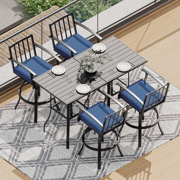 Gotland 6 Pieces Outdoor Swivel Bar Stools Set, All Weather Metal Patio Bar Height Table and Chairs Set, High Top Bistro Set with 2 Table and 4 Chairs for Deck Lawn Garden Backyard , Navy Blue