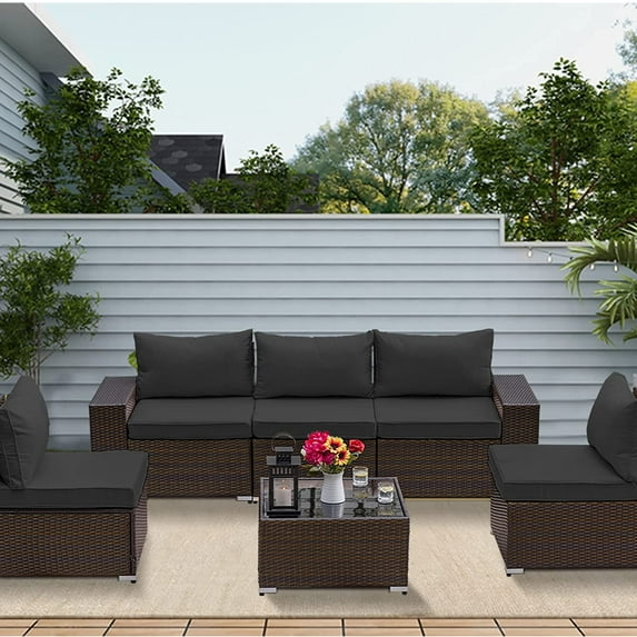 Gotland 6 Pieces Patio Conversation Set Outdoor Sectional Sofa Set PE Rattan Sectional sofa Set (black)