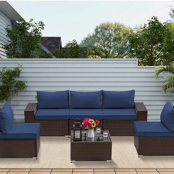Gotland 6 Pieces Patio Conversation Set Outdoor Sectional Sofa Set PE Rattan Sectional sofa Set (dblue)