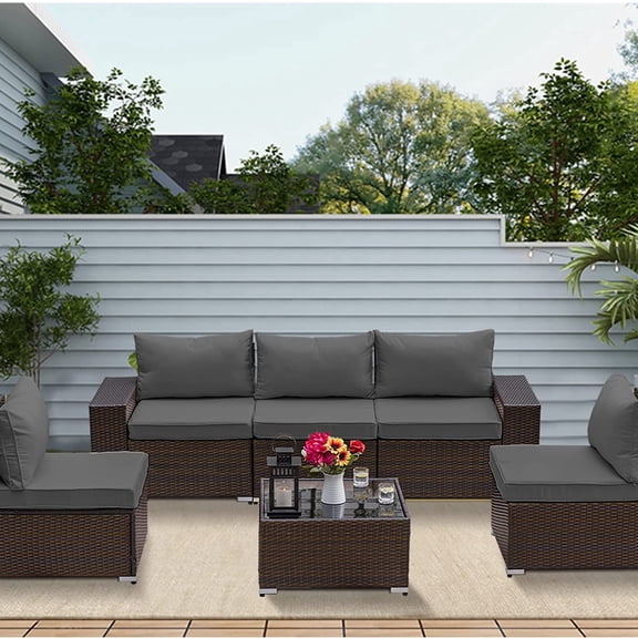 Gotland 6 Pieces Patio Conversation Set Outdoor Sectional Sofa Set PE Rattan Sectional sofa Set (grey)