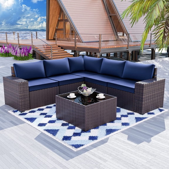 Gotland 6 Pieces Rattan Wicker 5 Person Conversation Set, Wide Armrest (Navy Blue)