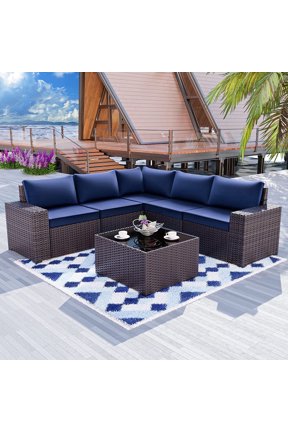 6 Pieces Rattan Wicker 5 Person Conversation Set, Wide Armrest (Navy Blue)