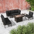 thumbnail image 1 of Gotland 6-Seater Patio Furniture Set with 43in Gas Fire Pit Table - Modern Outdoor Metal Sectional Sofa with 55,000 BTU Propane Fire Pit, Black Cushions, 1 of 9