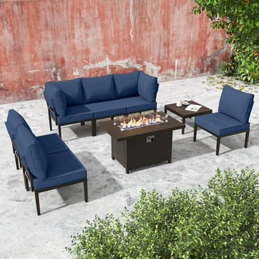 Gotland 6-Seater Patio Furniture Set with 43in Gas Fire Pit Table - Modern Outdoor Metal Sectional Sofa with 55,000 BTU Propane Fire Pit, Navy Cushions