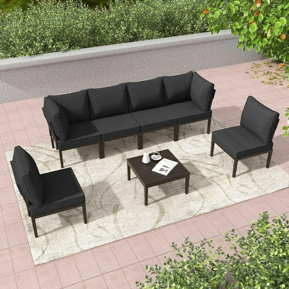 Gotland 6-Seater Patio Furniture Set - Modern Outdoor Metal Sectional Sofa with Black Thick Cushions and Coffee Table