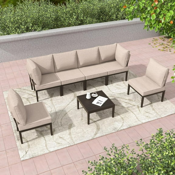 Gotland 6-Seater Patio Furniture Set - Modern Outdoor Metal Sectional Sofa with Sand Thick Cushions and Coffee Table
