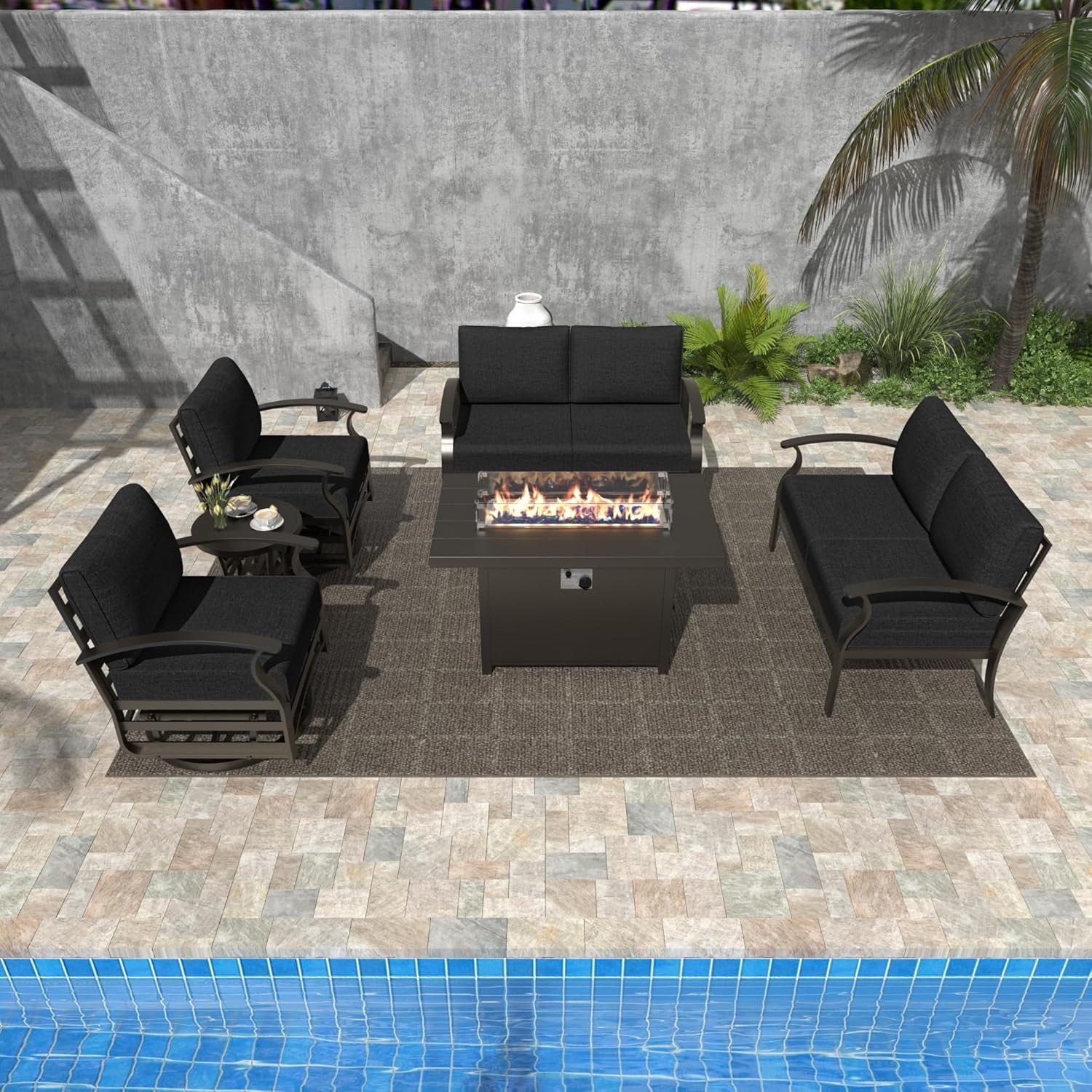 Gotland 3 Piece Patio Set, Metal Outdoor Swivel Chairs Set Of 2 With 5.1'' High-Resilience Seat Cushions Tempered Glass Double-Layer Coffee Table Removable Cushions For Backyard, Lawn, Porch, Navy