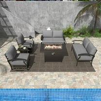 Gotland 6 Seats Outdoor Metal Patio Furniture Set with 2 Swivel Rocking Chairs&55,000 BTU Gas Fire Pit Table w/Glass Wind Guard Patio Conversation Sectional Sofa Sets-Grey