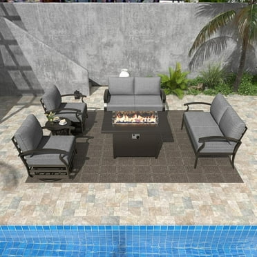 Gotland 6 Seats Outdoor Metal Patio Furniture Set with 2 Swivel Rocking Chairs&55,000 BTU Gas Fire Pit Table w/Glass Wind Guard Patio Conversation Sectional Sofa Sets-Grey