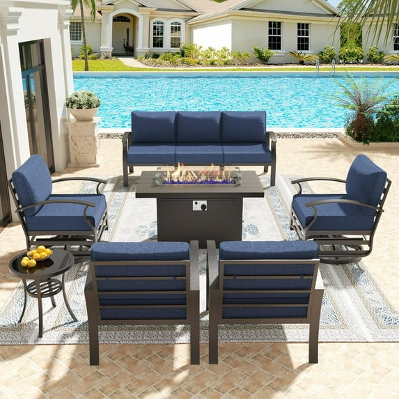Kullavik 7 Aluminum Sectional Outdoor Conversation Sets with Chairs and Table, Blue