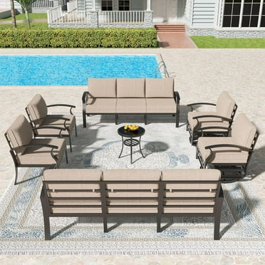 Gotland 7 Metal Stable Frame Outdoor Conversation Sets with Swivel Chairs and Sofas, Sand